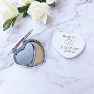 Wedding Gifts for Guests Custom Heart Shaped Pocket Mirrors Personalized Wedding Favors White Leather Compact Mirrors