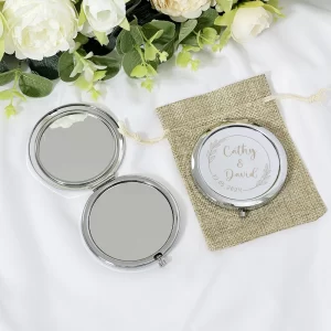 Wedding Guest Gifts Personalized Compact Makeup Mirrors with Pouches Wedding Souvenirs Silver Pocket Mirrors with Burlap Bags