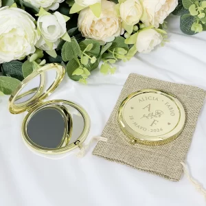 Wedding Souvenirs Pocket Makeup Mirrors with Burlap Bags Wedding Guest Gifts Party Favors Personalized Golden Compact Mirrors