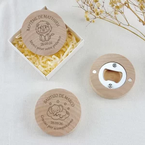 Baptism Favors Baby Shower Souvenirs Custom Magnets Baby Elephant Lion Giraffe Personalized Wooden Magnet Bottle Opener with Box