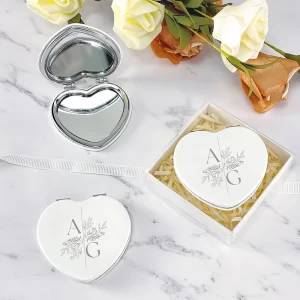 Personalized Wedding Favors Heart Shaped Compact Mirror with Box Wedding Souvenirs for Guests White Leather Pocket Mirrors
