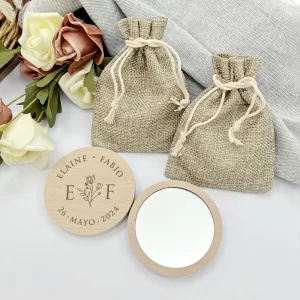 Wedding Favors Personalized Wood Compact Mirror with Gift Bag Wedding Gifts for Guests Wooden Pocket Mirrors with Burlap Bags