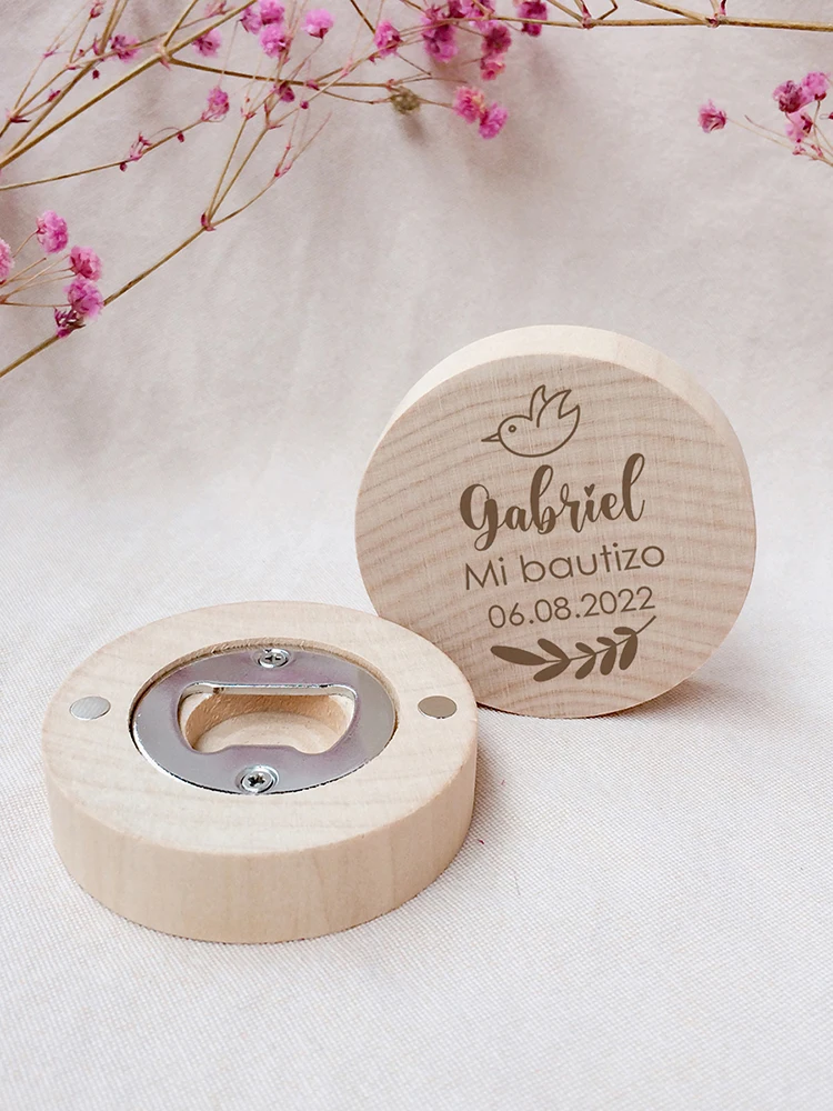 Personalized Magnet Bottle Openers Baptism Souvenirs Christening Favors for Guests Customized Wooden Fridge Magnets - Image 2